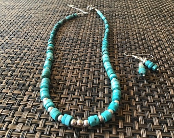 Adjustable Choker of Genuine Blue Turquoise Heishi with Sterling Silver Focal and Spacer Beads