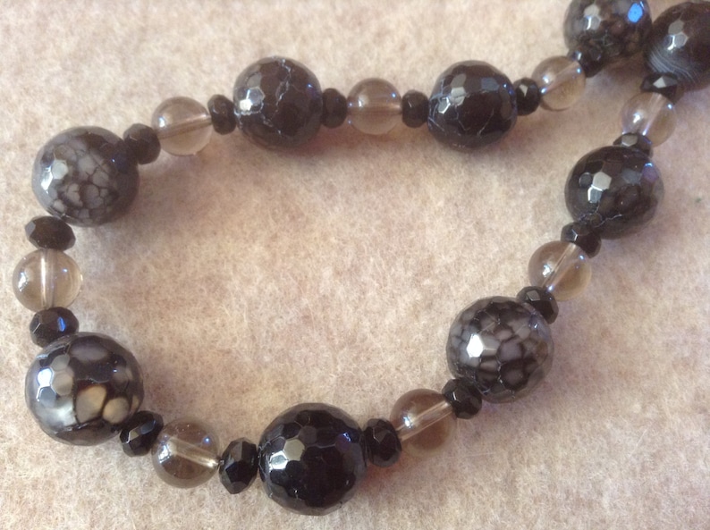 19-20 inch Necklace of Black Fire Agates Mixed With Smokey Topaz Beads of Varied Sizes Sterling Trigger Clasp Extender Chain