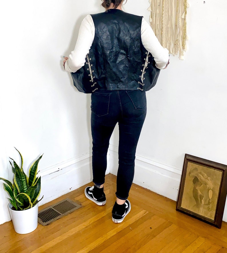 Vintage 90s LEATHER CHAIN Sleeveless Biker Western Mr S San Francisco Handmade Vest XS Small Medium