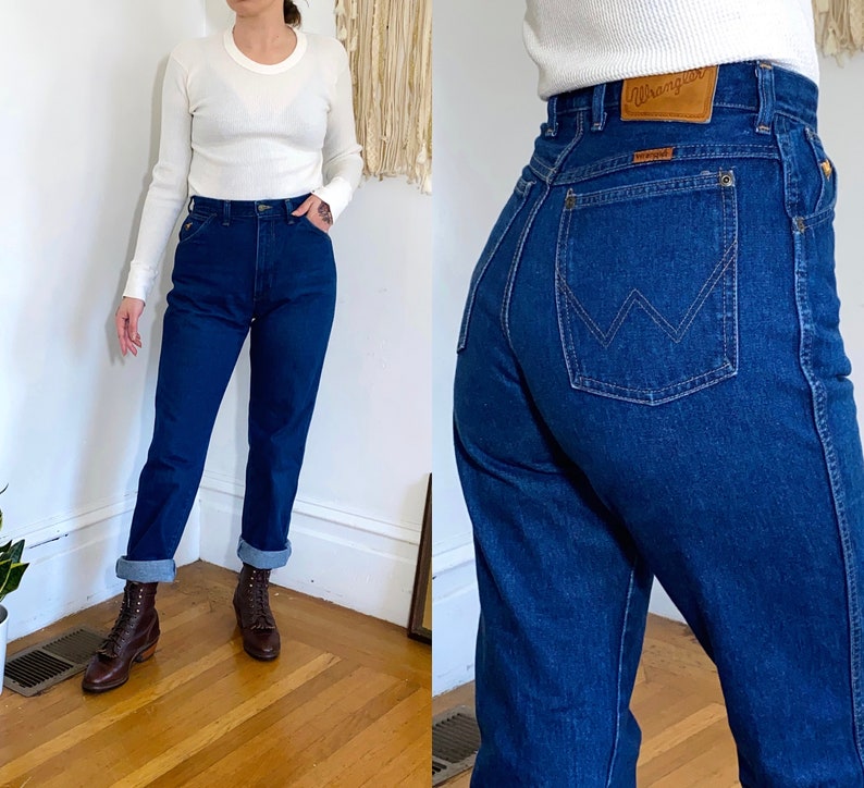 Vintage 70s WRANGLER Rare Dark Wash Embroidered Horse W Slim Straight High Waist Rise Denim Jeans Western Workwear 27 28 Medium