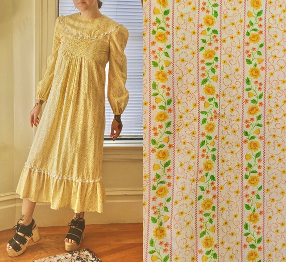 Vintage 70s FLORAL PRAIRIE Striped Calico Long Sle
