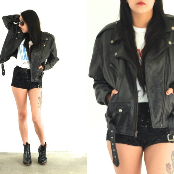 Vintage 80s LEATHER Black Belted MOTORCYCLE Biker Jacket // Hipster Boho Gypsy // XS Extra Small / Small / Medium