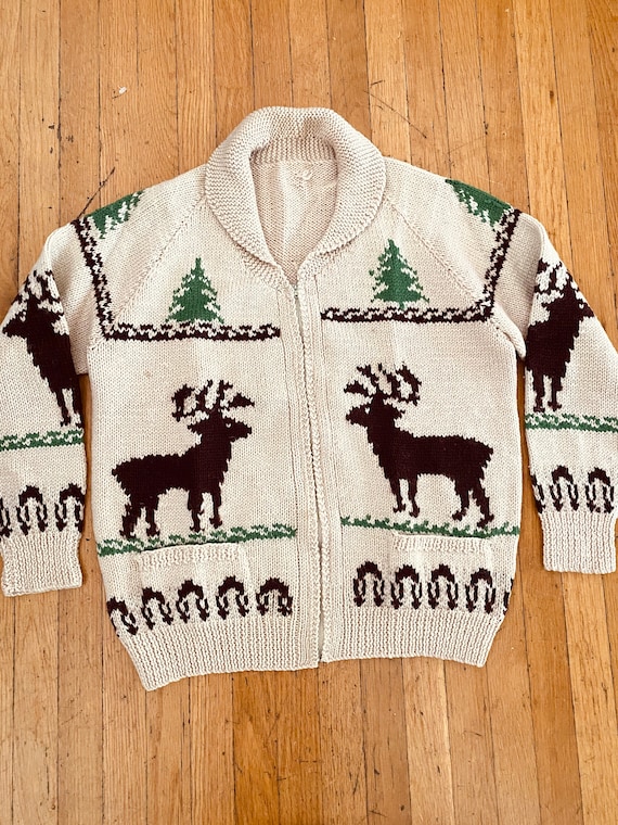 Vintage COWICHAN Fair Isle Deer Print Zip Up Wool