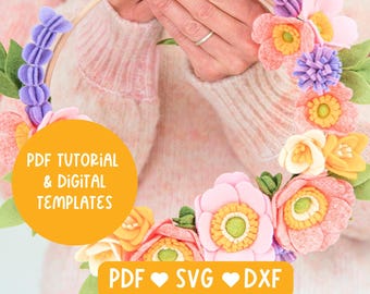 フェルトフラワーリースの作り方チュートリアル（PDFおよびSVGテンプレート付き） - ブラッシングアネモネリース