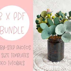 K&ouml;nnte beinhalten: Ein digitales Download-Paket mit drei PDF-Dateien mit Schritt-f&uuml;r-Schritt-Fotos, Vorlagen in Originalgr&ouml;&szlig;e und Video-Tutorials zur Herstellung eines Filz-Eukalyptus-Bouquets.