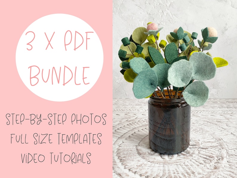 K&ouml;nnte beinhalten: Ein digitales Download-Paket mit drei PDF-Dateien mit Schritt-f&uuml;r-Schritt-Fotos, Vorlagen in Originalgr&ouml;&szlig;e und Video-Tutorials zur Herstellung eines Filz-Eukalyptus-Bouquets.