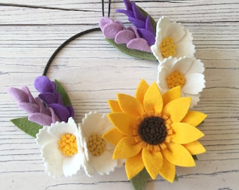 Felt flower pattern/tutorial (PDF download): DIY felt flowers - Cosmos and Sunflower Mini Wreath - no sew!