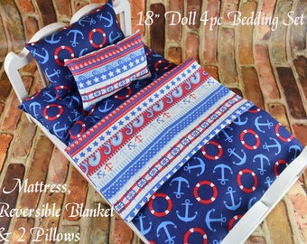 Nautical Anchor 18-inch Doll Bedding Set: Handmade Cotton, Reversible Blanket