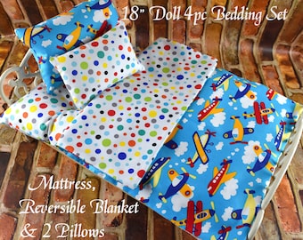18 Inch Doll Bedding Set: Airplane Pattern, Reversible Blanket