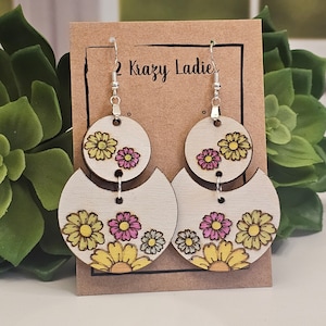 Wood Handmade Flower Dangle Earrings | Cute Floral Earrings | Beautiful Jewelry Gift | Lightweight Wood Earrings