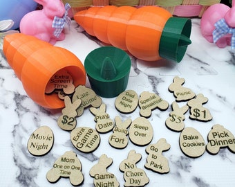 May include: A carrot-shaped container with a green top, filled with wooden tokens. The tokens have various activities written on them, such as "Movie Night", "Game Night", "Dad Date Night", "Bake Cookies", and "Pick Dinner".