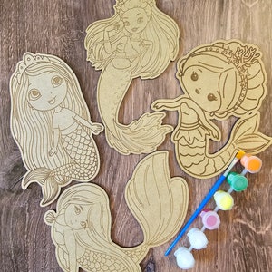 Mermaid Paint Party Kit: Wood DIY Coloring, Kids Activity