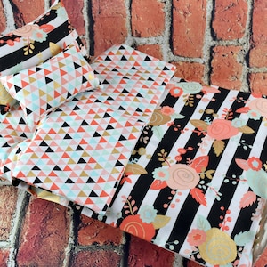 18 Inch Doll Bedding Set: Floral Stripe, Triangle Print - Handmade