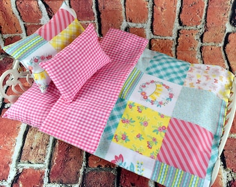 Doll Bedding Pink Gingham Set for 18 in dolls like American Girl | Christmas Gift for Girls