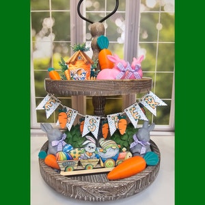 Easter Tiered Tray Decor with Bunny Carrot and Spring Themed Accents