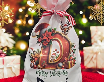 Personalized Christmas Santa Sack | Reindeer Initial Canvas Gift Bag