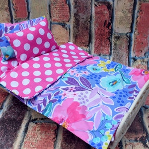 18 Inch Doll Bedding Set: Floral Blanket, Pink Polka Dot Pillow