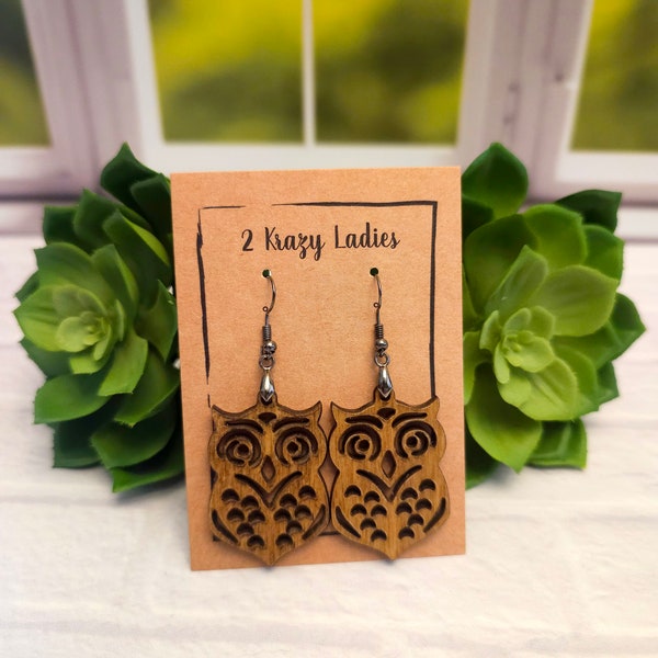 Wood Handmade Owl Dangle Earrings | Cute Laser Cut Owl Hanging Earrings | Beautiful Jewelry Gift | Lightweight Wood Earrings