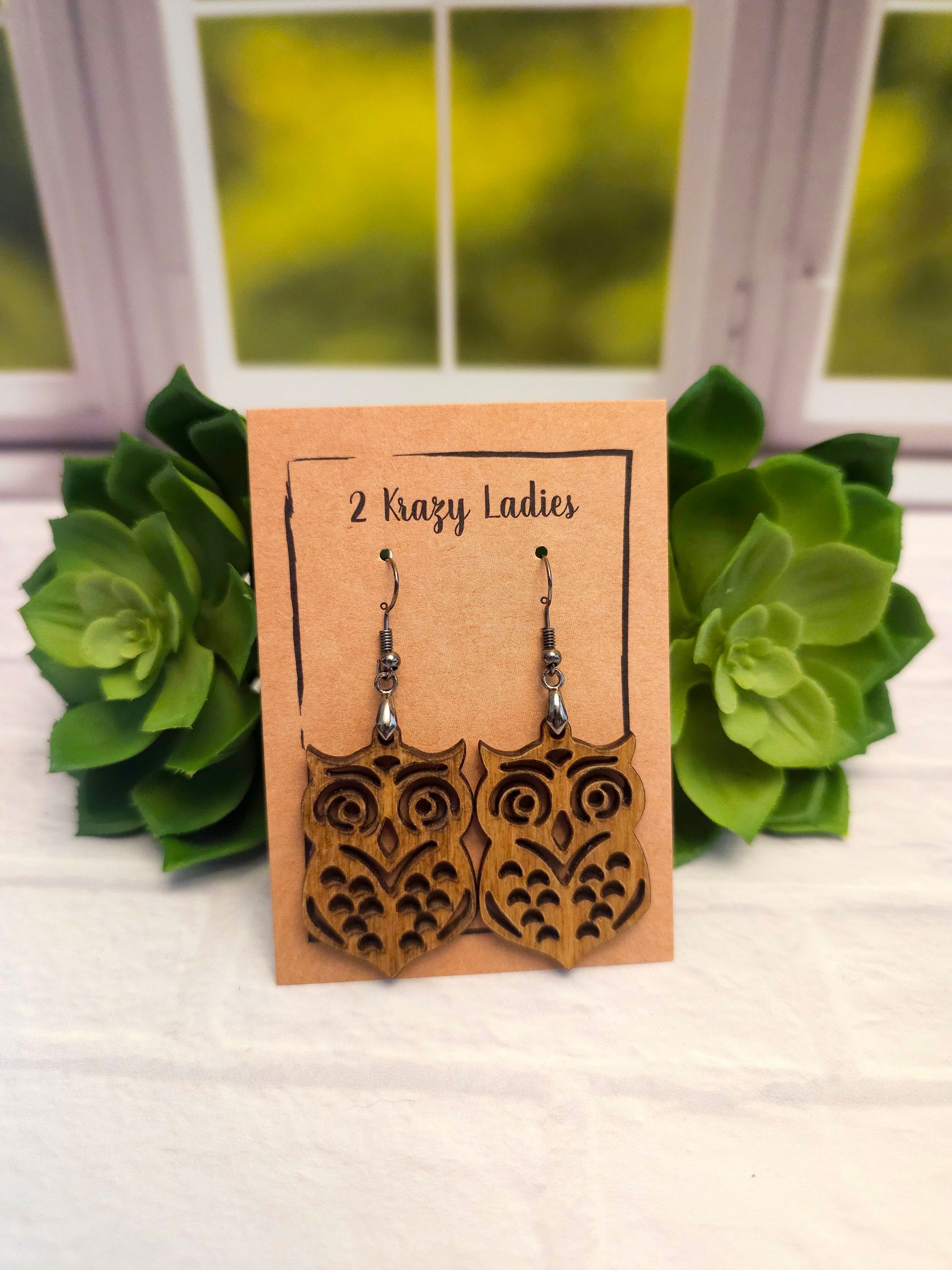 Handmade Laser Cut Wood Owl Earrings: Lightweight Dangle Jewelry