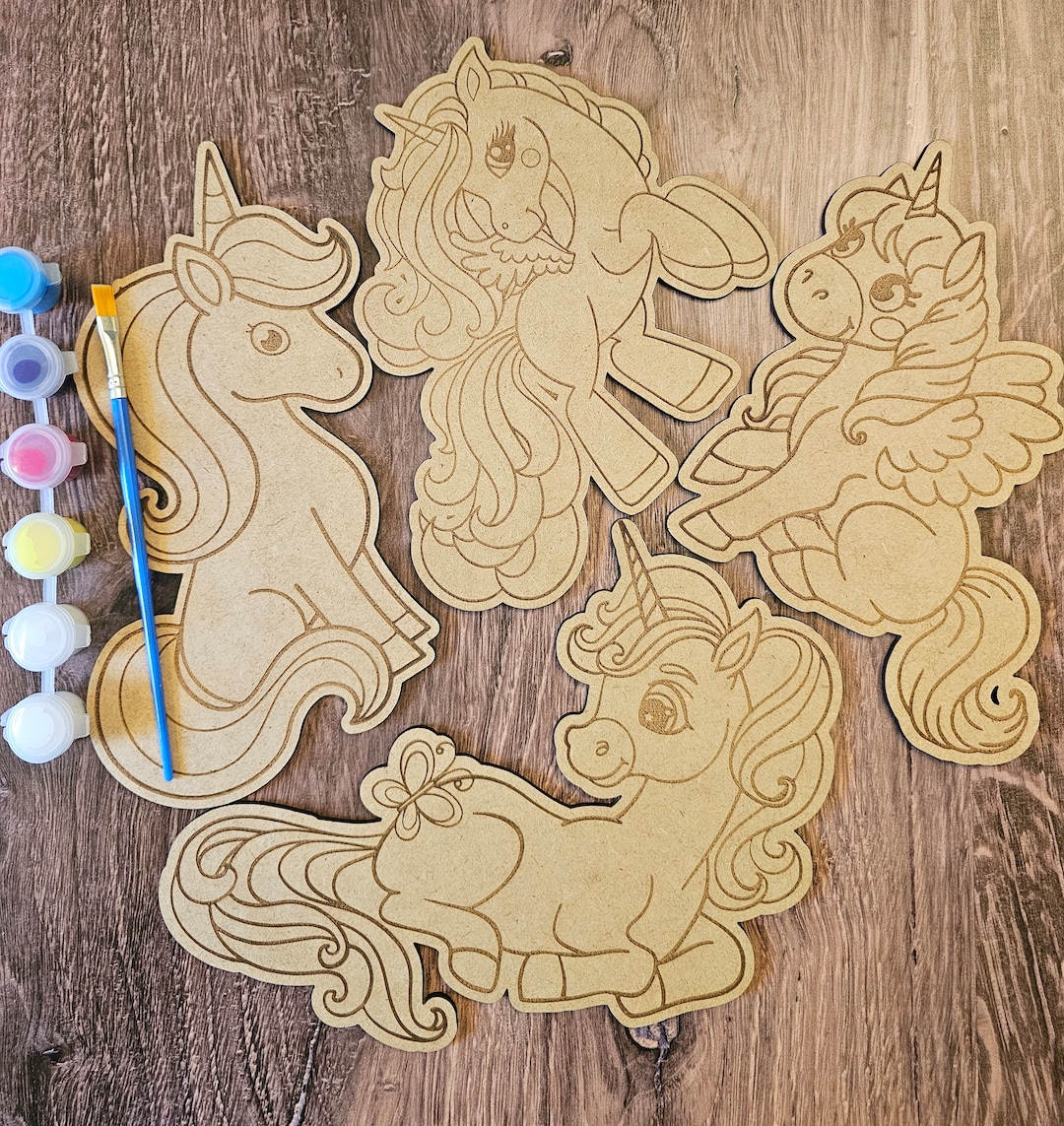 Wood DIY Paint Party Unicorn Themed Coloring Kit 4 Unicorns With Paint