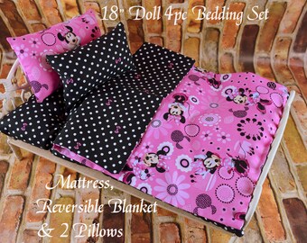 Pink and Black Doll Bedding Set for 18 in dolls like American Girl | Christmas Gift for Girls