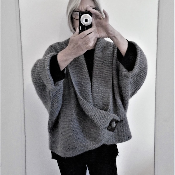 Aran Garter Stitch Shawl Collar Cardigan. PDF Knitting Pattern.