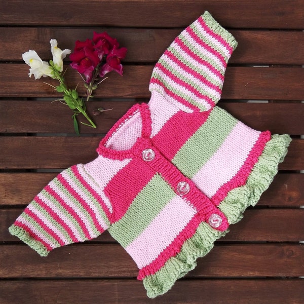 Baby Cardigan Knitting Pattern. Sizes: Prem - 4 Years. Stripes and Frills. PDF Knitting Pattern to knit in Baby Soft D.K. Yarn