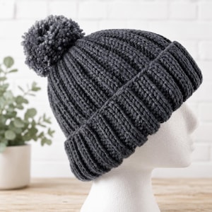 Aran Beanie Pom Pom Hat Knitting Pattern, Ribbed PDF