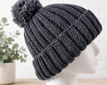 Aran Beanie Pom Pom Hat Knitting Pattern, Ribbed PDF