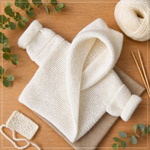 May include: Cream-colored knitted baby sweater with a hood, folded on a wooden surface. A small knitted swatch and a ball of yarn are also visible. The sweater is made of a soft, textured yarn, and the design includes ribbed cuffs and a hood.
