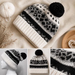 May include: A knitted winter hat with a black pom-pom. The hat features a white brim, a black band, and a pattern of black and gray geometric shapes. A ball of white yarn is visible in the background.