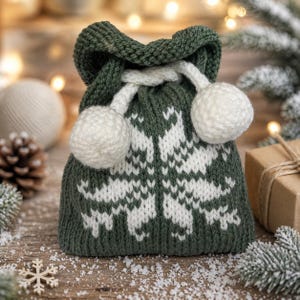 May include: A green and white knitted drawstring bag with a snowflake pattern. The bag has two white pom-poms and a drawstring closure. The bag is made of a soft, textured yarn and is perfect for gift-giving during the holiday season.