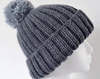 Aran Beanie Pom Pom Hat Knitting Pattern. Ribbed Beanie PDF Knitting Pattern
