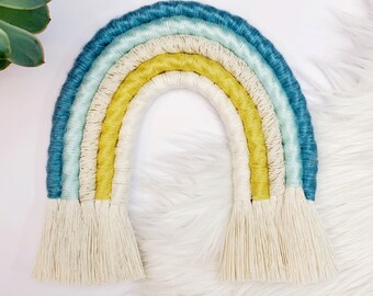Blue Yarn Rainbow Wall Hanging: Nursery Fiber Art Decor