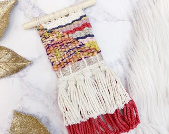 Mini Hand Woven Ornament: Pink & Gold Glitter Fiber Art