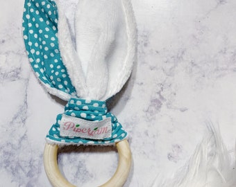 Wooden Teething Ring with Minky Bunny Ears