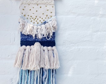 Blue & White Handwoven Wall Hanging: Boho Home Decor