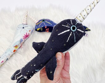 Handmade Narwhal Plush: Corduroy Stuffed Animal with Embroidered Details