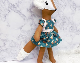 Handmade Fox Plush Doll: Corduroy Dress, Embroidered Eyes