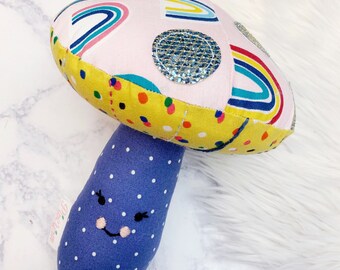 Handmade Mushroom Plush: Rainbow Print Cloth Doll, Embroidered Face