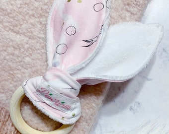Bunny Ear Teether: Natural Wood Ring & Minky Fabric
