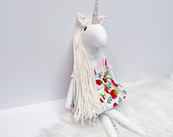 Handmade Linen Unicorn Plush Doll: Strawberry Pinafore, Embroidered Eyes