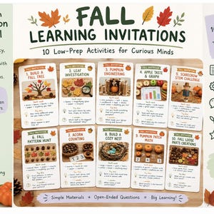 May include: A set of ten educational cards titled Fall Learning Invitations, featuring activities like Build a Fall Tree, Leaf Investigation, Pumpkin Engineering, Apple Taste and Graph, Scarecrow Stem Challenge, Fall Pattern Hunt, Acorn Counting, Build a Cozy Nest, Pumpkin Patch Math, and Fall Loose Parts Creations.