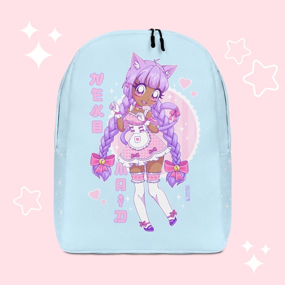 A cute anime woman with pink hair, with a backpack and a magic wand in her  hand on a pink background. | CanStock