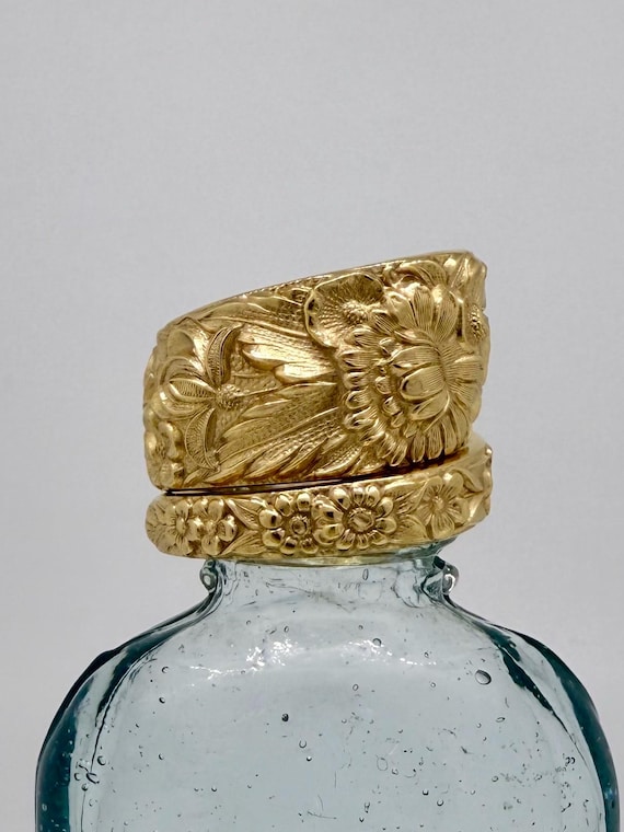 Gold Vermeil, Vintage Spoon Ring, Floral, Repousse