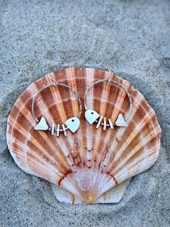 Sterling Silver Hoop Earrings, Vintage Spoon Earrings, fish bone