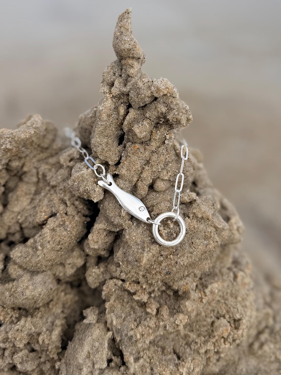 Tiffany's Sardines, Sterling Silver paperclip Chain, Fish Necklace, Spoon necklace, Round Push Clasp, Fish Tail, Necklace