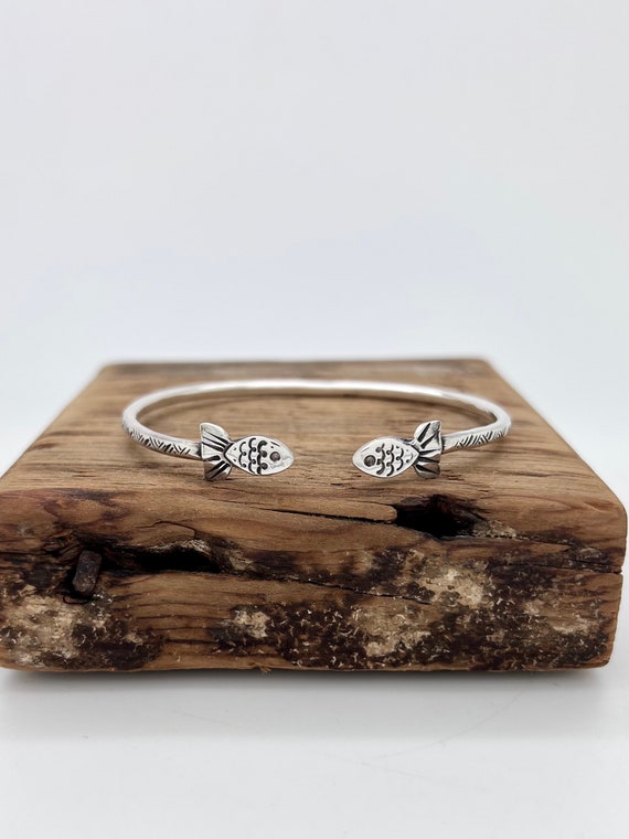 Made to order, Mini Kissing Fish, Sterling Silver Spoon Bangle Bracelet, Wrap, Stackable