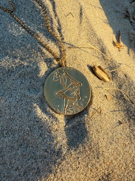 Gold Vermeil, Vintage Spoon Necklace, lady, coin, medallion, disk