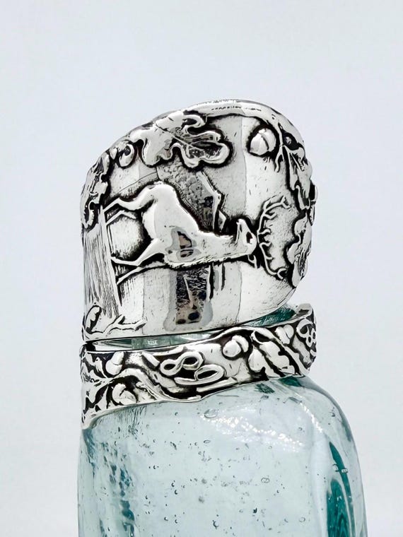 Vintage Sterling Silver Spoon Ring, Deer, Oak Leaf